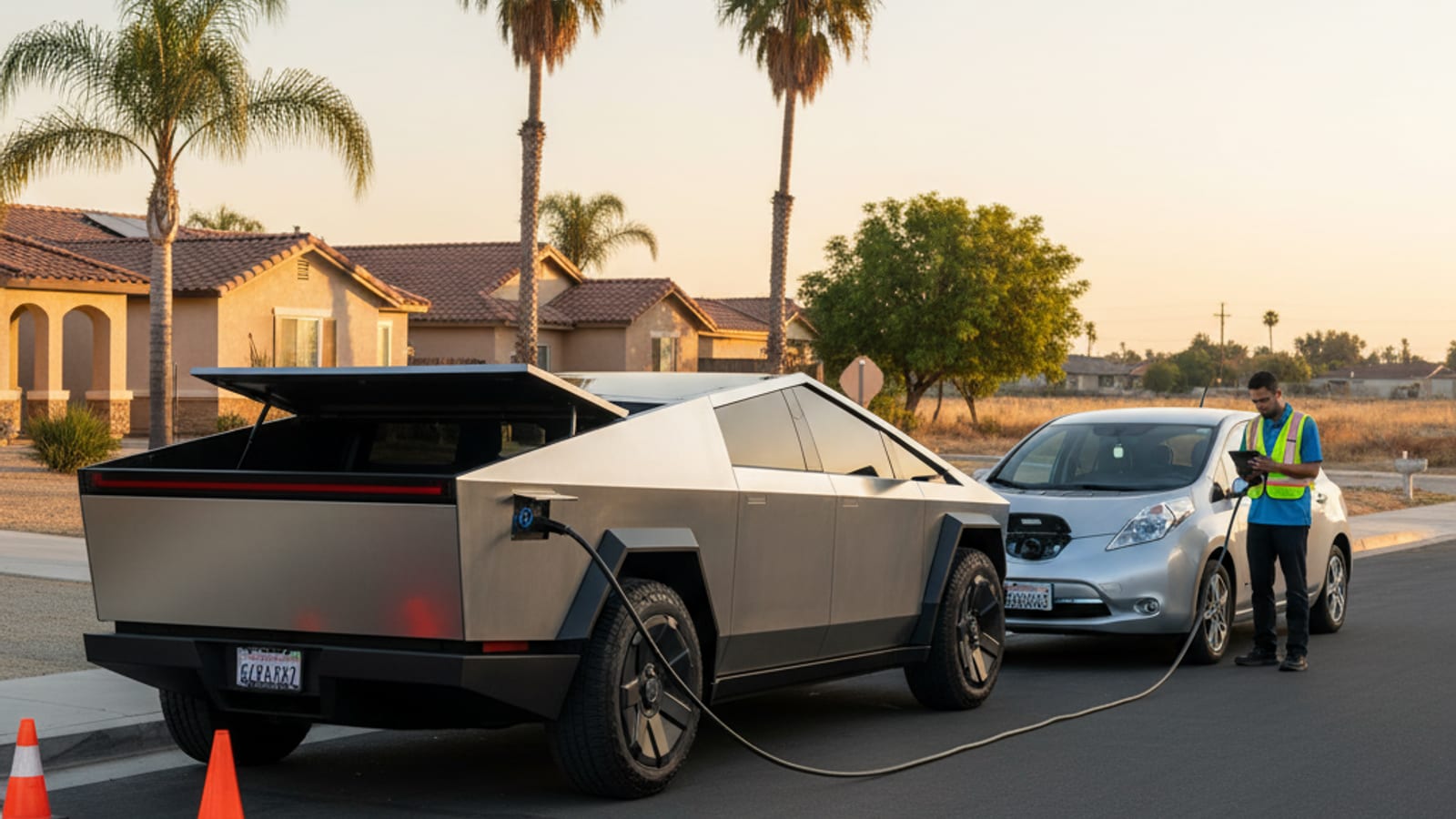 Mobile EV charging van on a Chula Vista residential street next to a charging EV