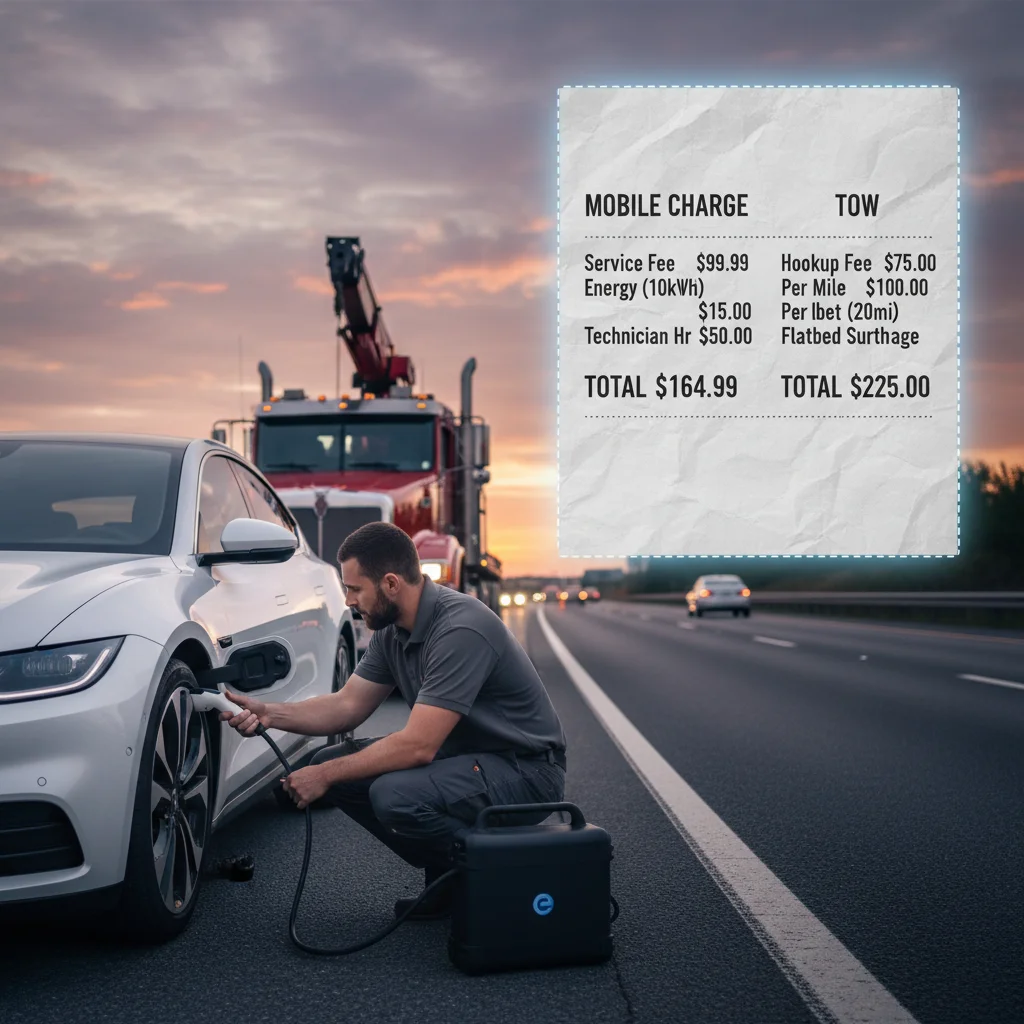 Receipt-style overlay showing two invoice columns — mobile charge vs tow — beside an EV on the shoulder.
