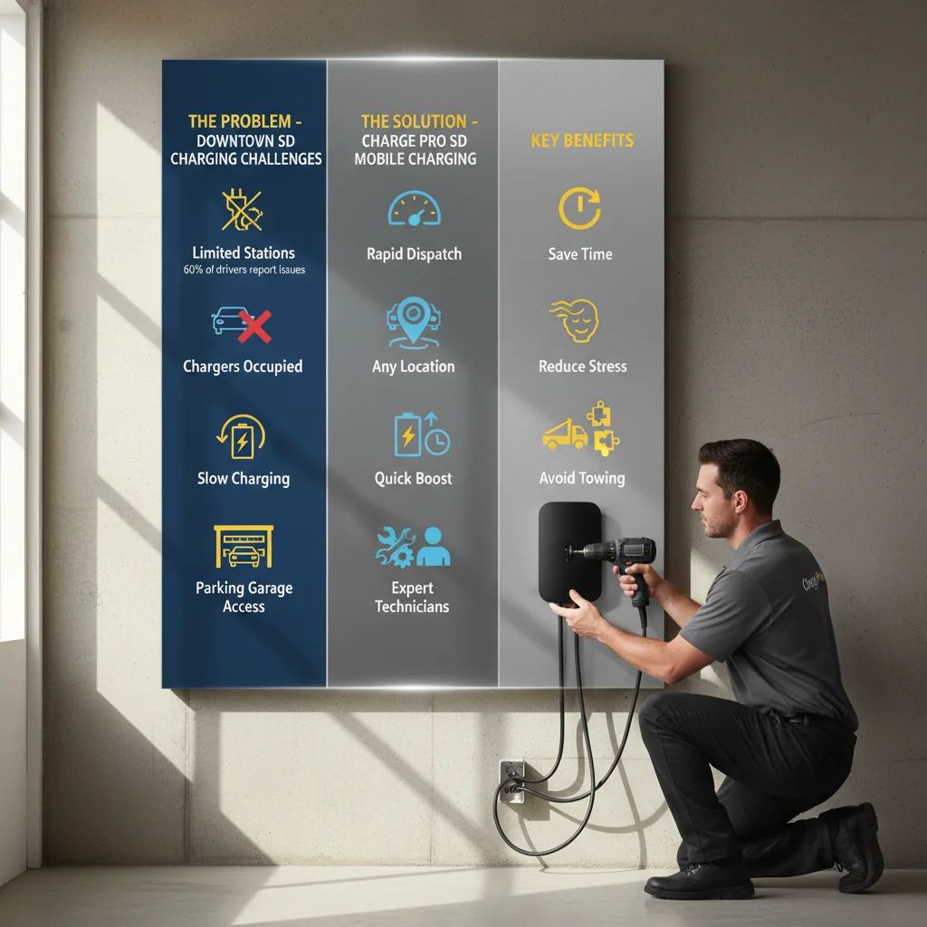 Infographic illustrating common EV charging challenges in downtown San Diego and how mobile charging provides a solution for busy urban areas.