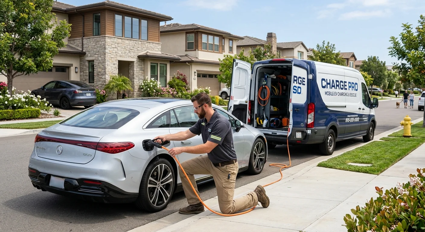 A Charge Pro SD rescue vehicle providing a mobile charge to a luxury EV in a manicured suburban street in Eastlake, with modern homes in the background.