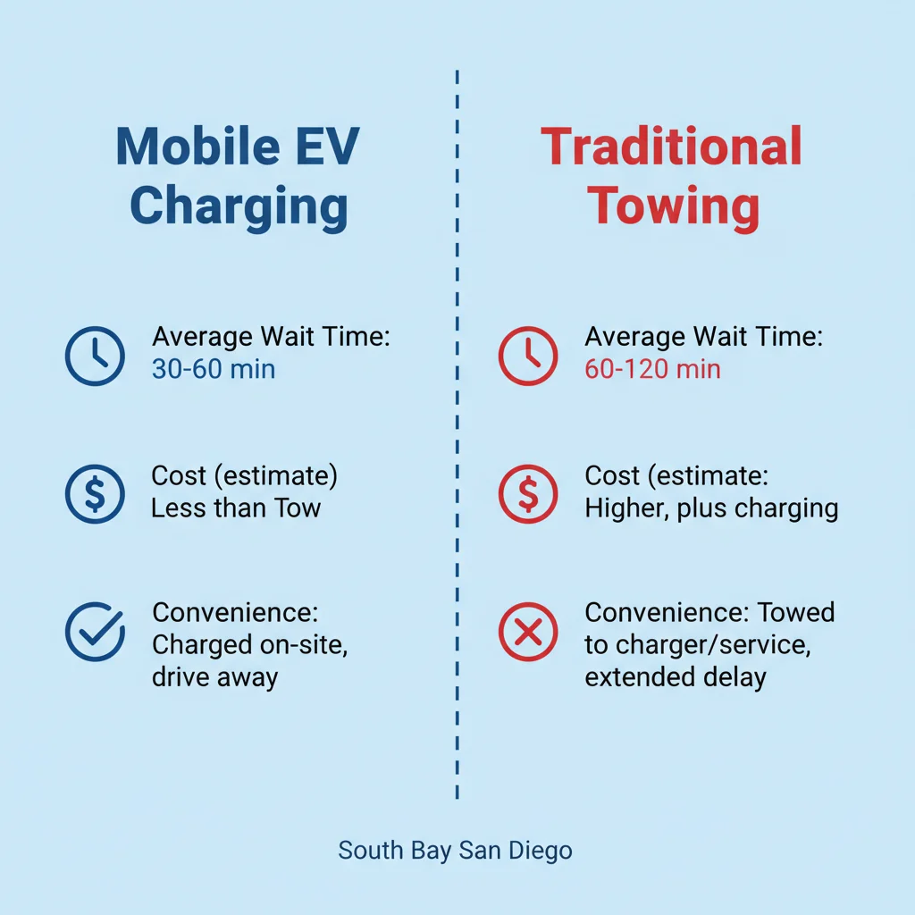 Infographic comparing mobile EV charging benefits versus traditional towing in South Bay San Diego, showing factors like speed, cost, and convenience.