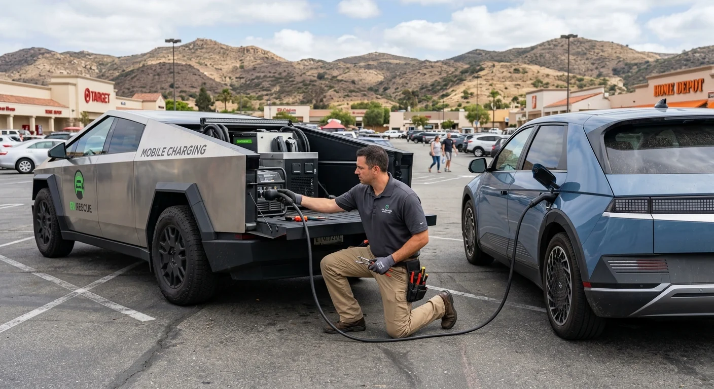A Tesla Cybertruck mobile charging rig parked beside a stranded electric SUV in an El Cajon shopping-center lot, East County hills in the background, daytime.