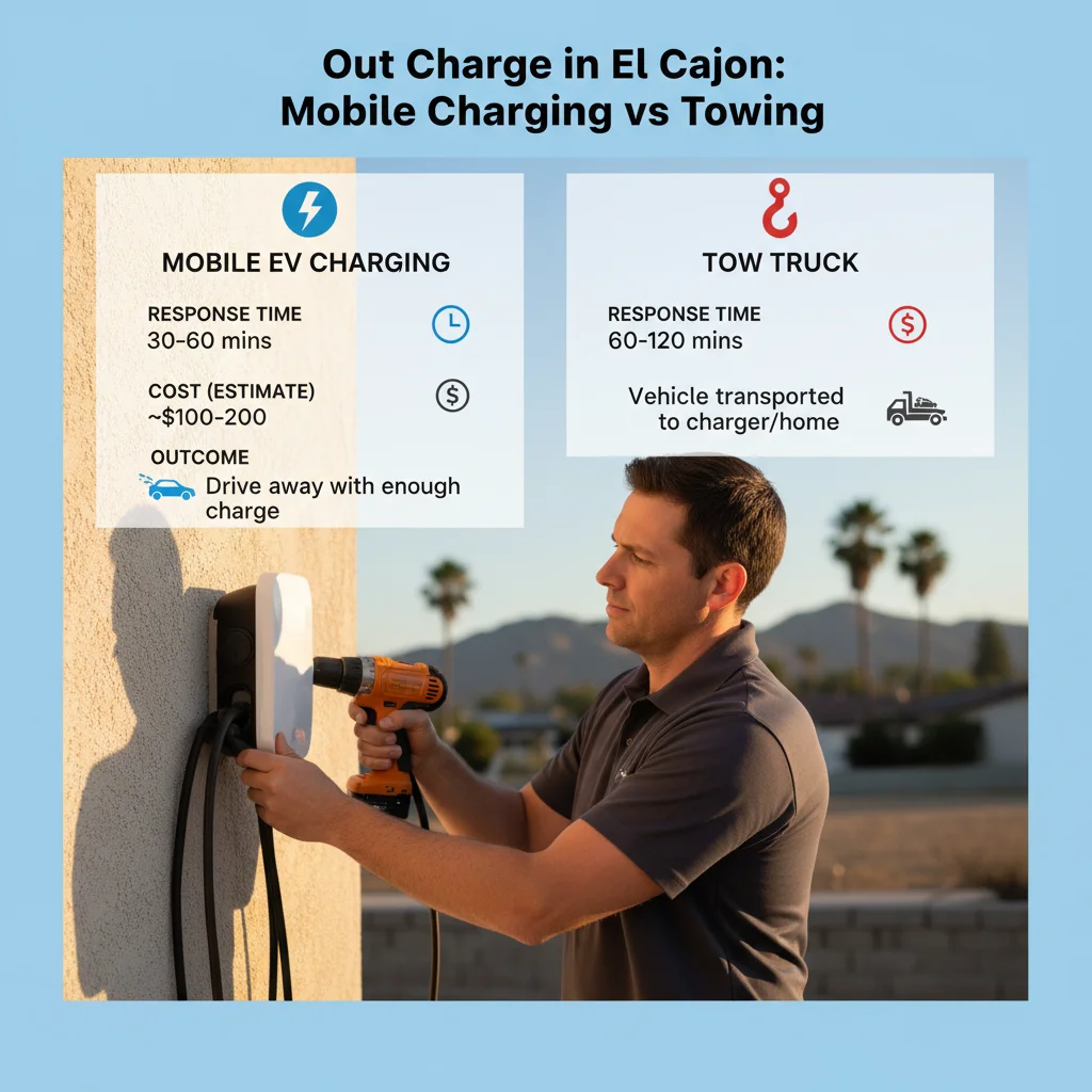 Infographic comparing mobile EV charging vs a tow truck for an out-of-charge EV in El Cajon, showing response time, cost, and outcome.