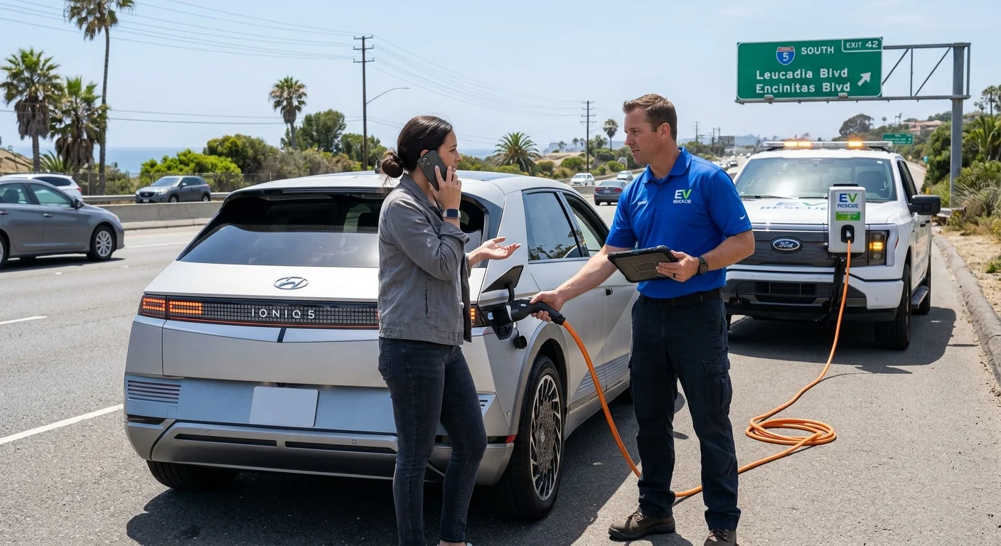 Electric vehicle stopped near an I-5 exit in Encinitas
