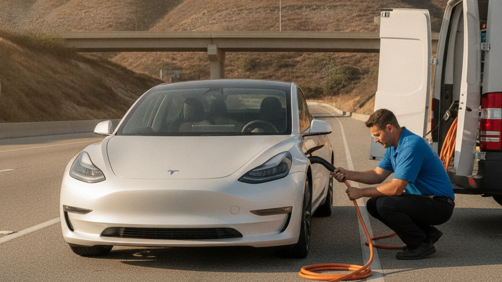 An electric vehicle parked safely near an Escondido freeway exit with I-15 and SR-78 route signs visible
