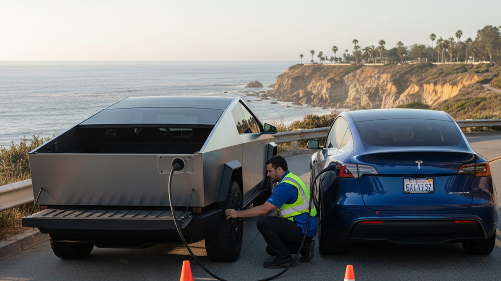 Mobile EV charging van parked on La Jolla coastal road next to a Tesla