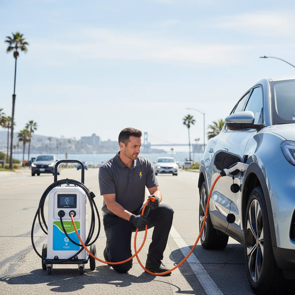 Mobile EV charging truck parked on a Solana Beach street near the Cedros Design District
