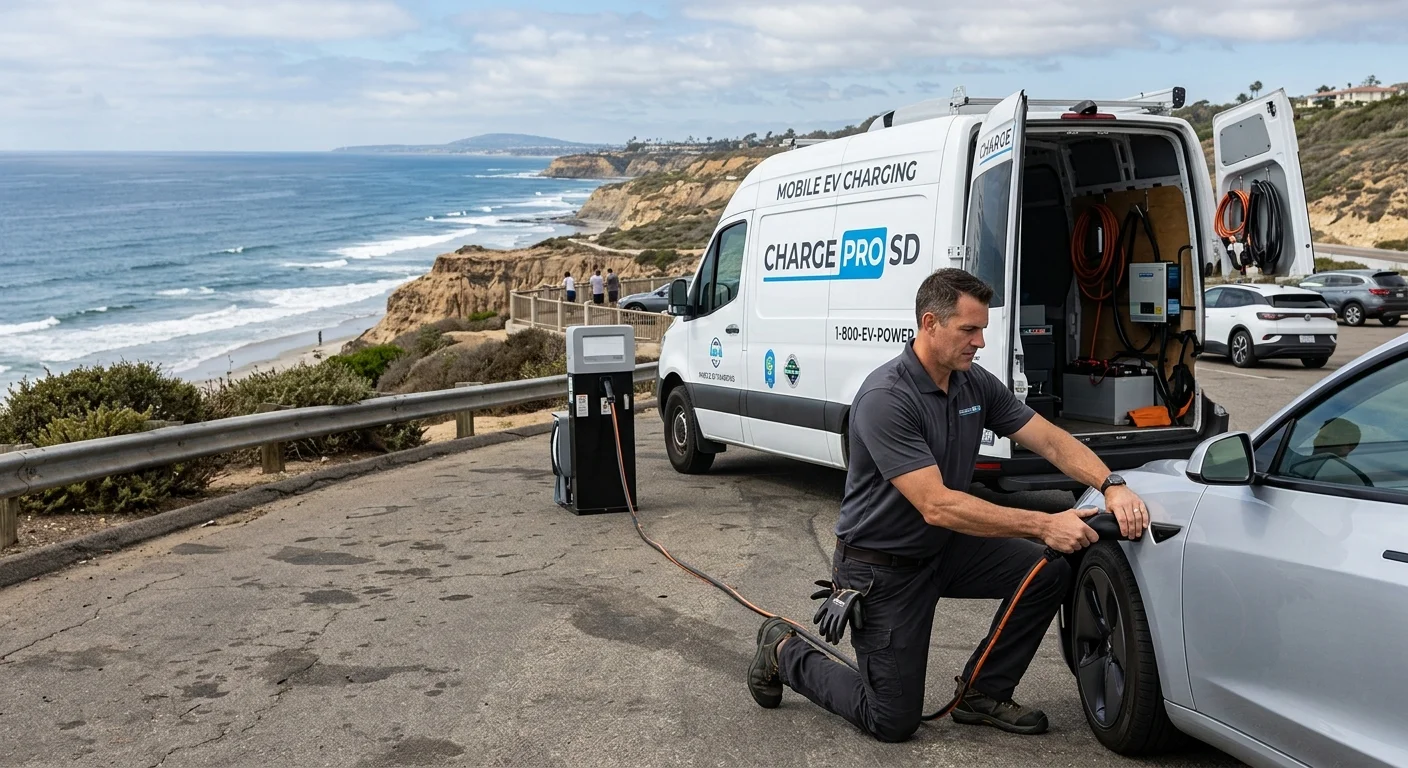 A Charge Pro SD van providing mobile charging to an EV at a scenic viewpoint overlooking the ocean in Carlsbad or Encinitas.
