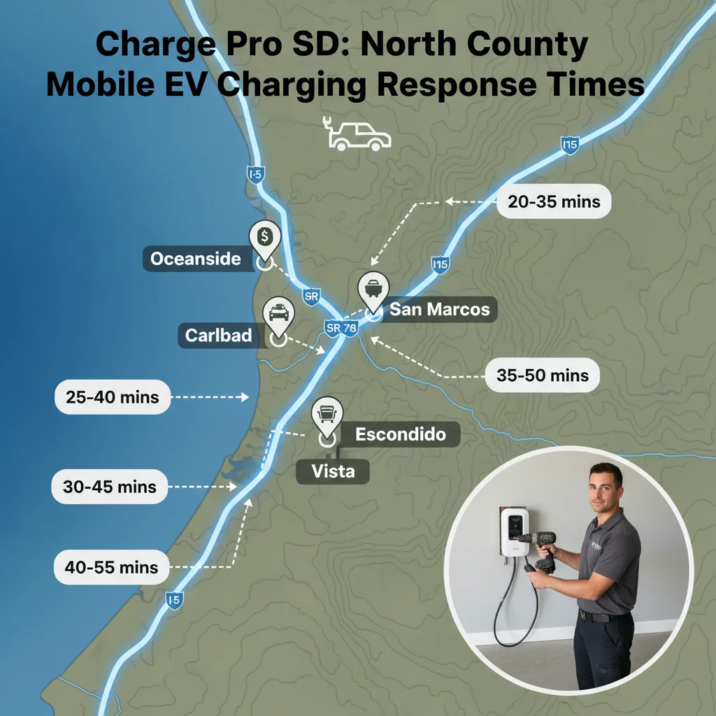 Infographic showing Charge Pro SD's typical mobile EV charging service area and estimated response times across North County San Diego, highlighting key cities and freeways.