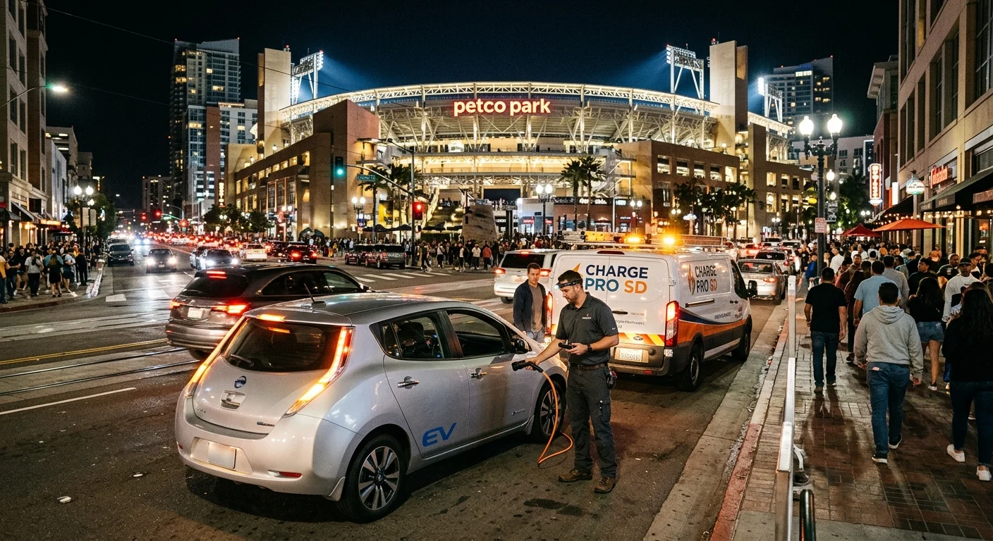 A shot of Petco Park lit up at night, with a stranded EV with its hazard lights on in the foreground on a crowded street, and a Charge Pro SD vehicle pulling up.