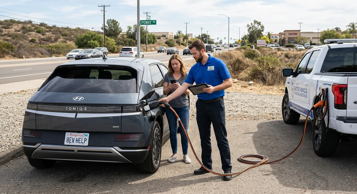 An electric vehicle parked safely near Poway Road while its driver shares location details