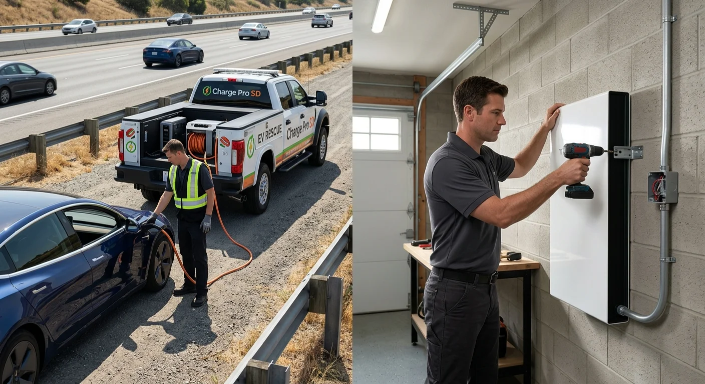 A split-screen image. On the left, a Charge Pro SD rescue vehicle is charging a stranded EV on the side of a freeway. On the right, a sleek Tesla Powerwall is mounted on a garage wall.