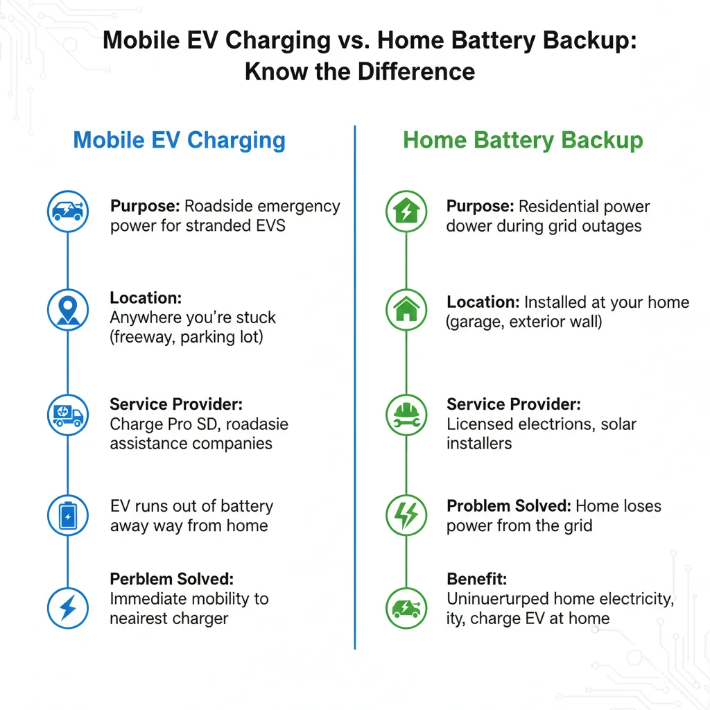 A comparison infographic detailing mobile EV charging for roadside emergencies versus home battery backup for power outages, highlighting their different purposes and providers.
