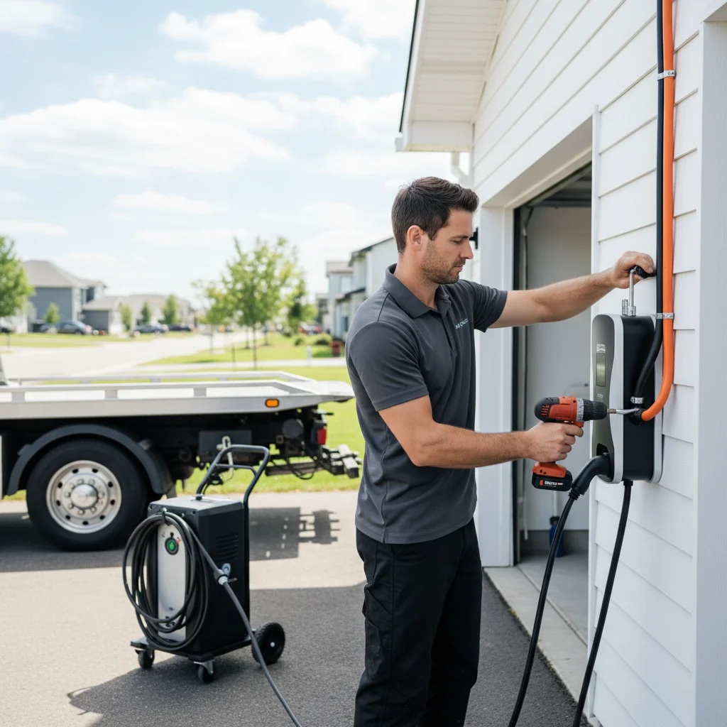 Split scene showing a phone displaying a rideshare roadside assistance app on one side and a Charge Pro SD mobile charging truck connected to an EV on the other