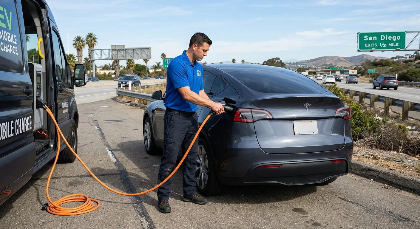 A Tesla parked near a San Diego freeway exit as its driver checks mobile charging options