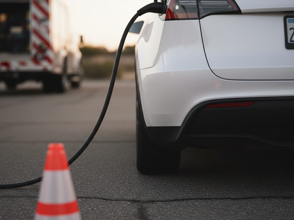 A NACS charging cable gently arcing between a rescue truck bed outlet and a Tesla Model Y charge port with an orange reflective cone placed in the foreground