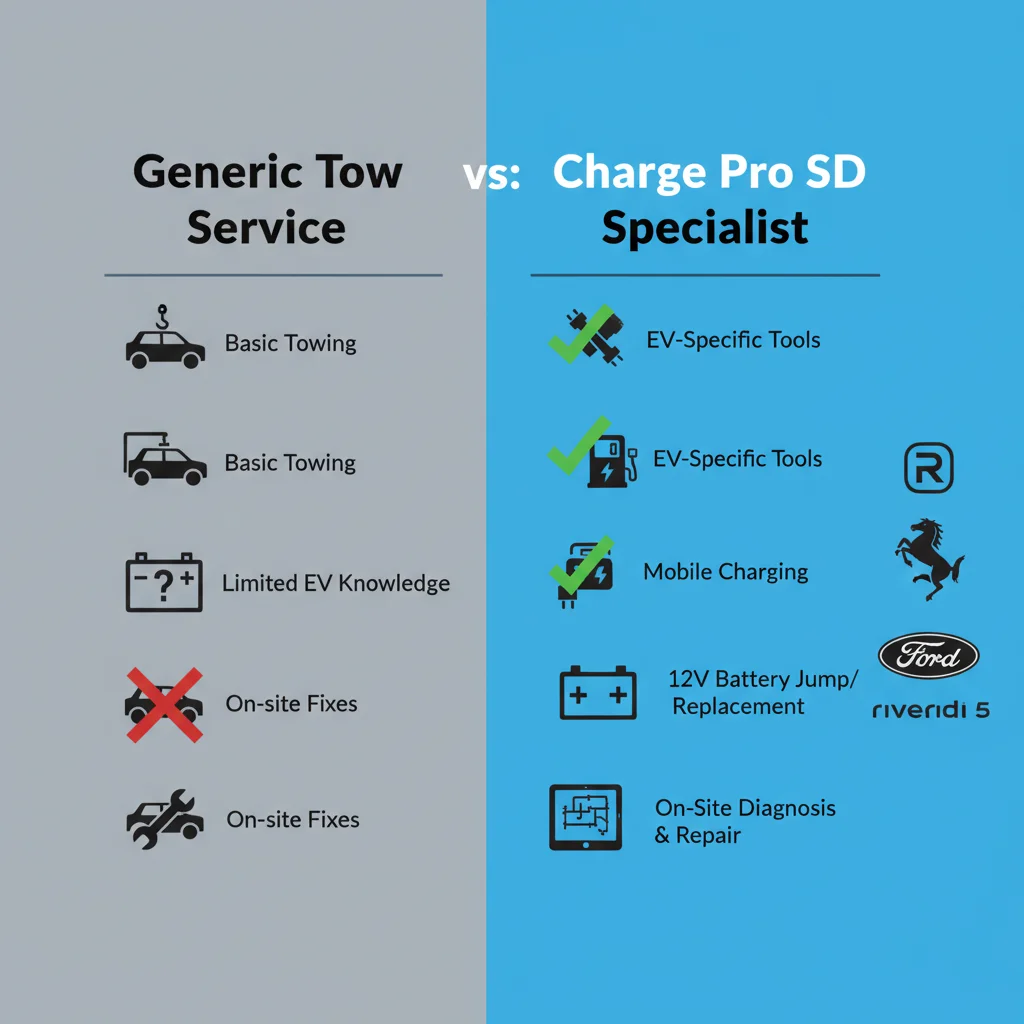Infographic comparing common non-Tesla EV issues (12V battery, charging error) and how Charge Pro SD's specialized rescue provides on-site solutions versus a generic tow service.