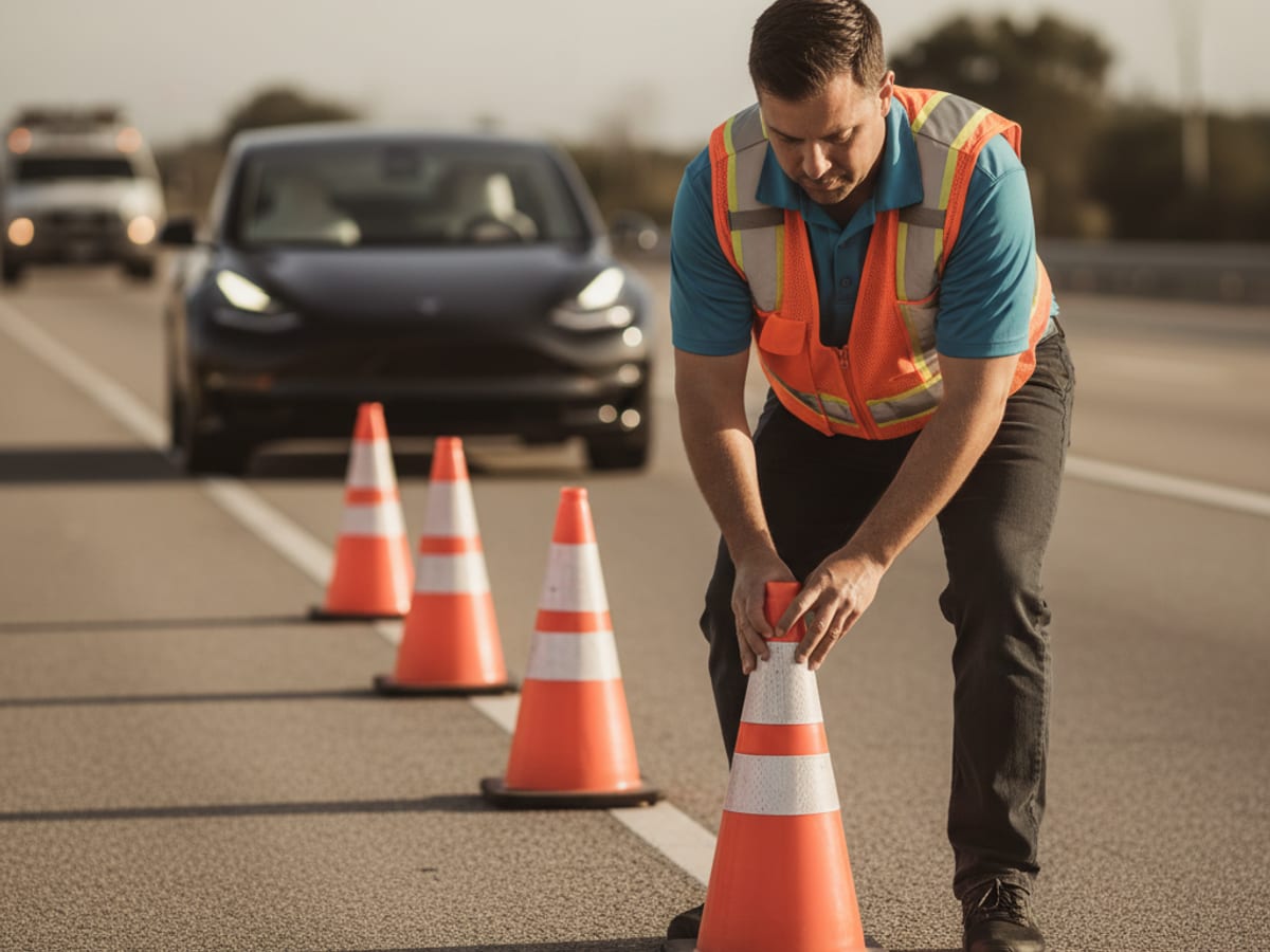 A Charge Pro SD technician deploying orange reflective cones behind a stranded Tesla on a San Diego freeway shoulder with a rescue truck parked just behind