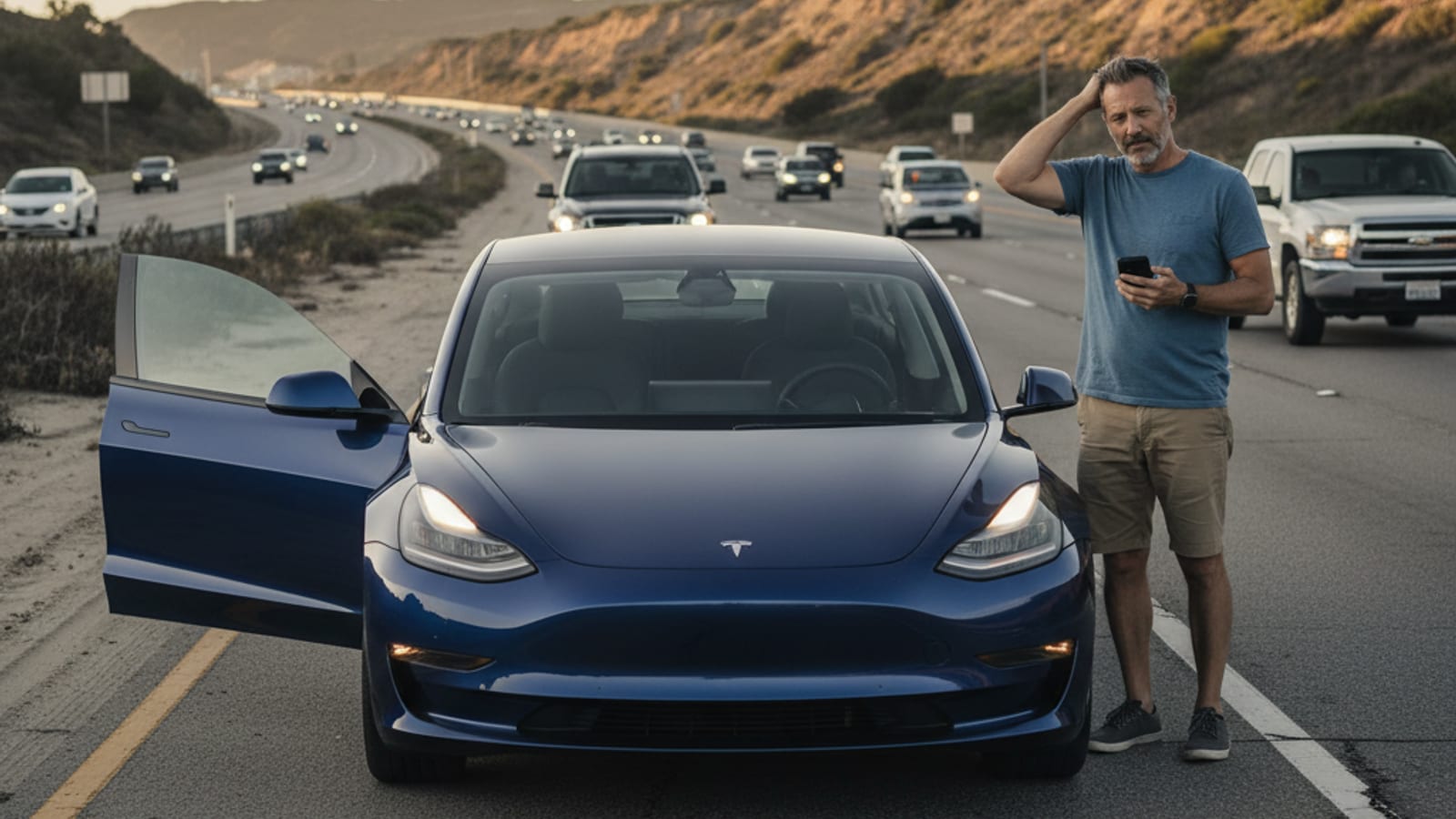 A stranded Tesla Model 3 parked on the shoulder of the I-5 in San Diego with its hazards on and the driver standing beside it looking at their phone
