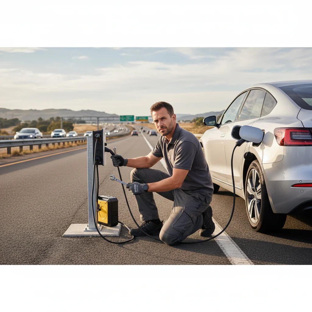 EV stopped on a busy San Diego freeway shoulder with hazard lights on and a mobile charging truck approaching