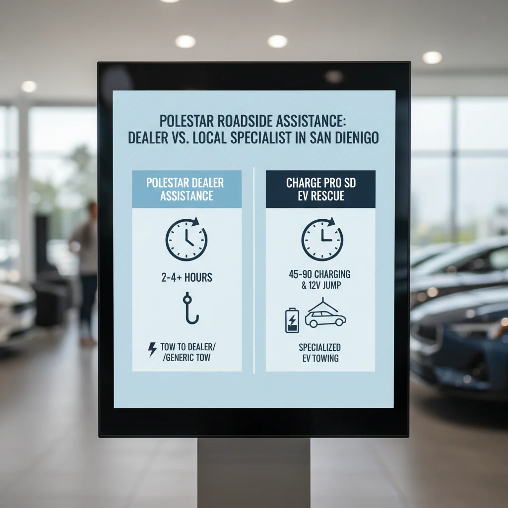 Infographic comparing Polestar dealer roadside assistance estimated wait times versus Charge Pro SD's average response times for San Diego County, detailing services like mobile charging and 12V battery jumps.