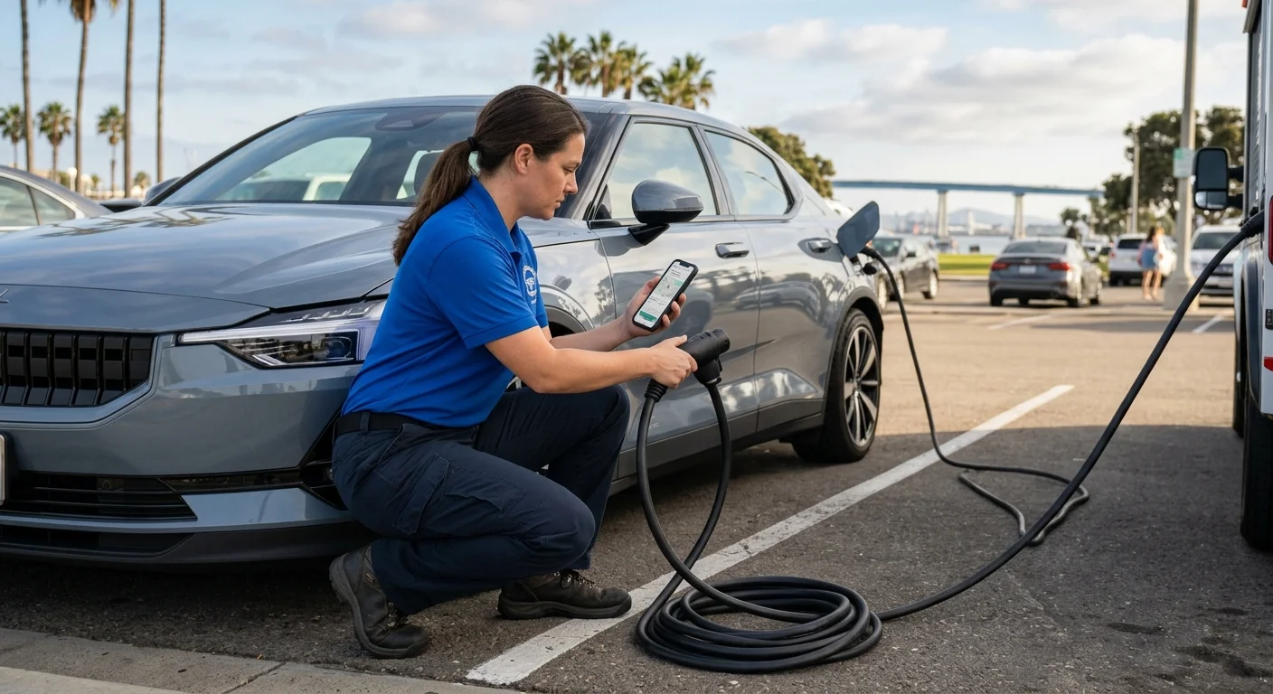 Polestar driver parked in San Diego checking official roadside support on a phone