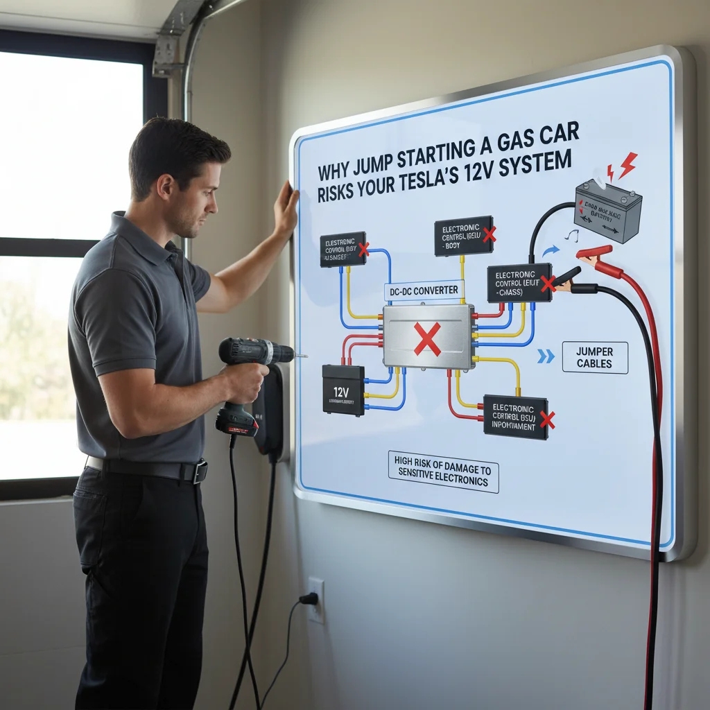 An infographic illustrating the delicate nature of a Tesla's 12V low-voltage system and the potential for damage from jump starting an external car.