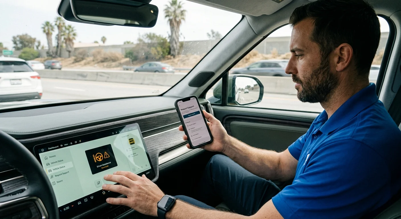 A Rivian driver comparing dashboard assistance with roadside support