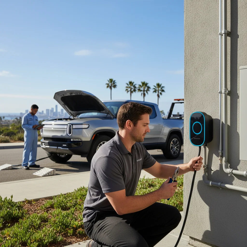 A blue Rivian R1T parked on a coastal San Diego shoulder with a mobile EV charging truck approaching at golden hour