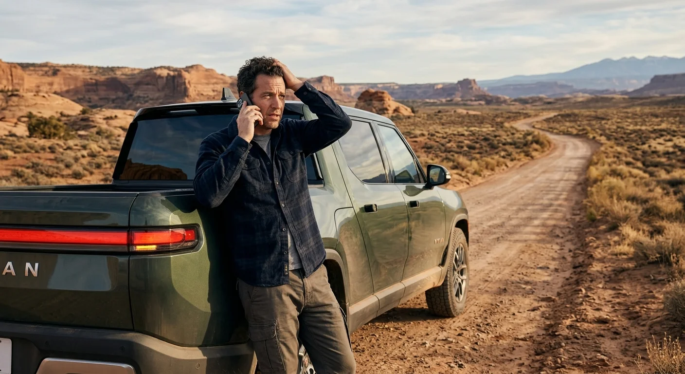A Rivian R1T parked in a scenic outdoor location like a desert road, but it's clearly immobile and the owner is on their phone looking for help.