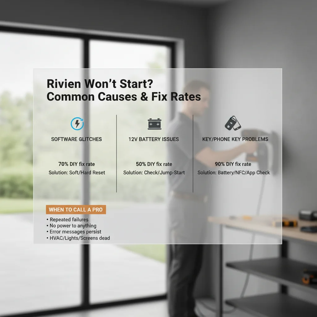 Infographic detailing common Rivian startup issues, their typical causes, and quick troubleshooting steps for San Diego owners.