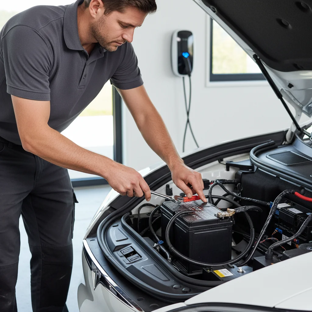 Open Tesla frunk revealing the small 12V lithium battery with a multimeter clipp