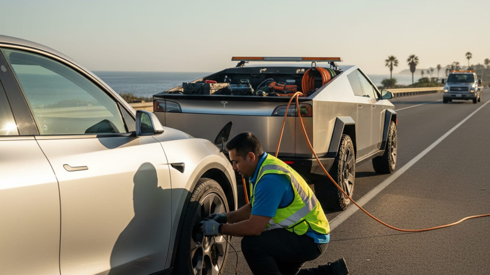 Person attempting to open a Tesla Model 3 door with a dead battery, parked on a San Diego street