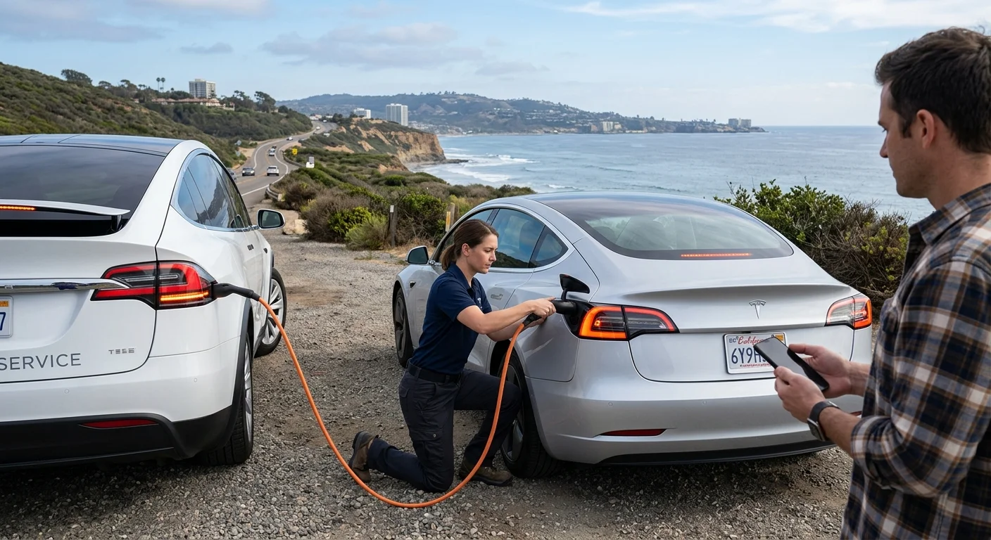 A Tesla stopped in a safe San Diego roadside turnout while its driver checks a phone