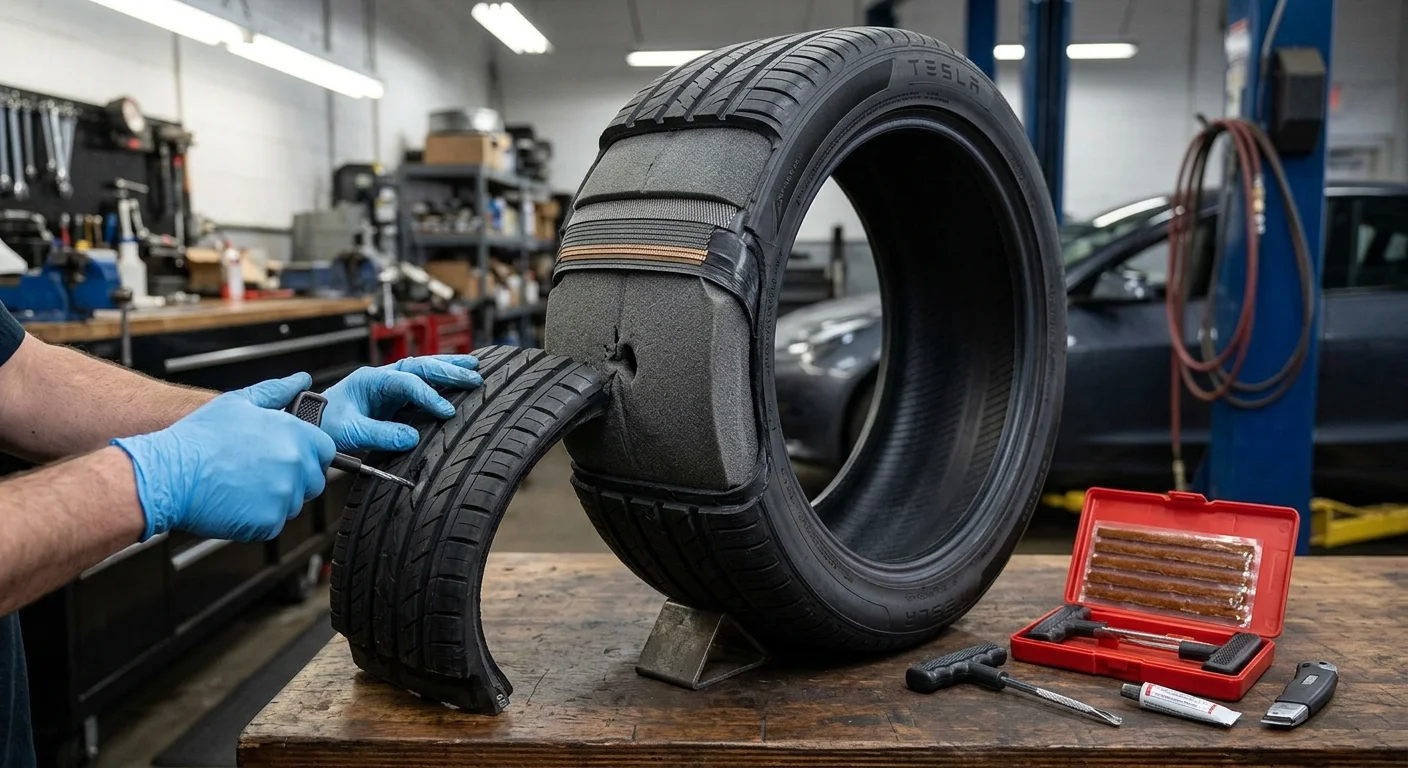 Cutaway-style image of a Tesla acoustic-foam tire on a workbench with a plug kit