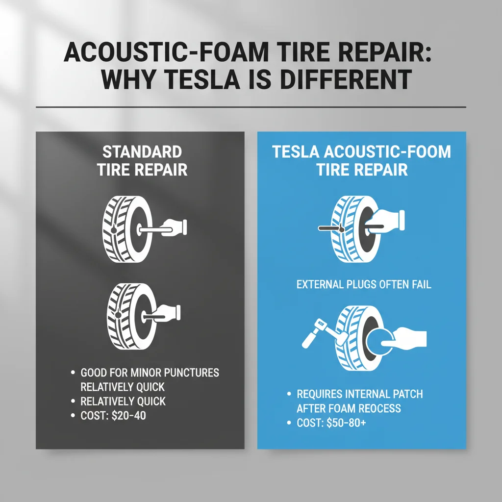 Infographic comparing repair options for Tesla acoustic-foam tires vs. standard tires, showing cost and effectiveness.