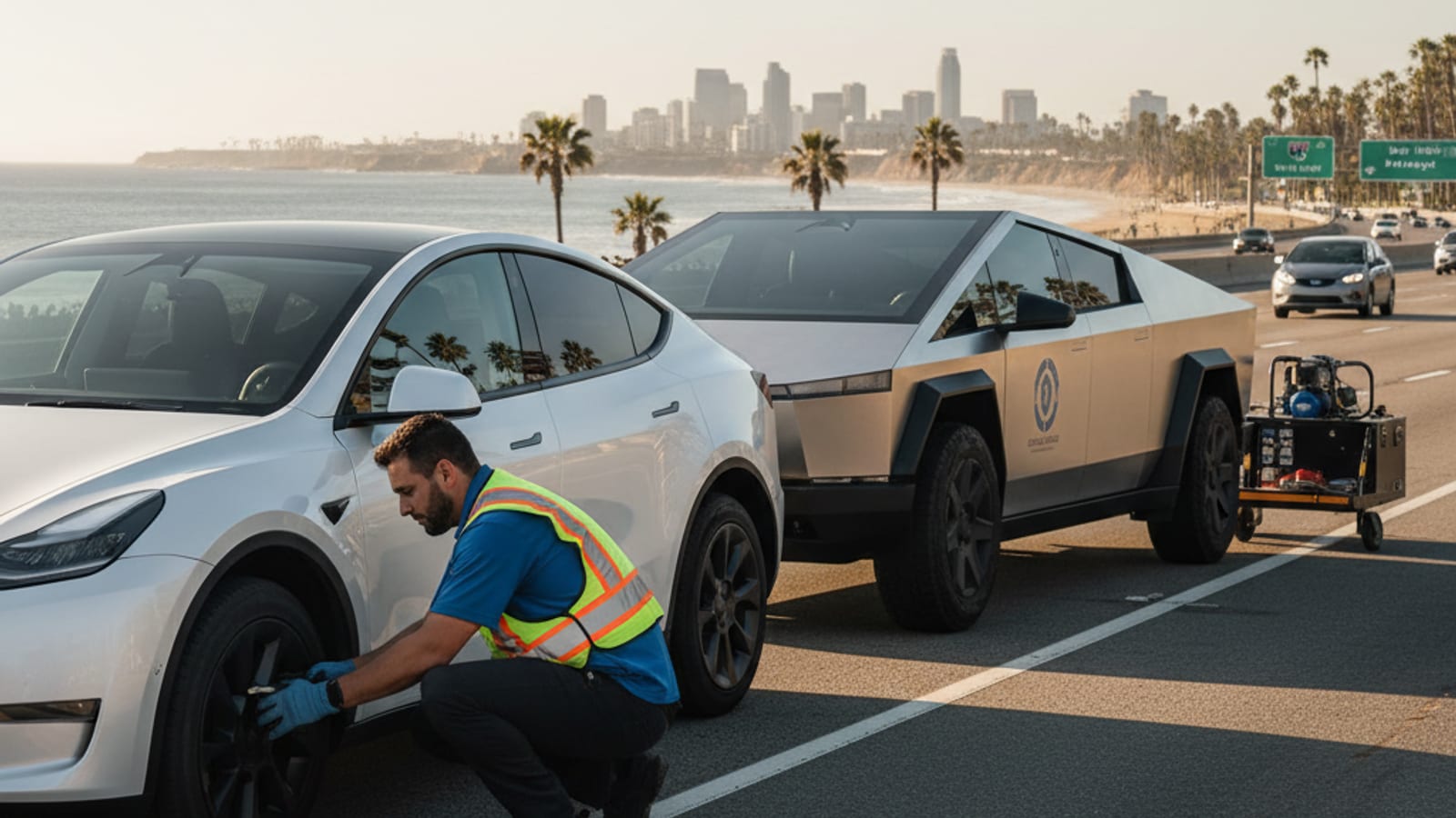 A Charge Pro SD Tesla Cybertruck assisting a white Tesla Model 3 with a flat front tire on the shoulder of a San Diego freeway, with traffic in the background.