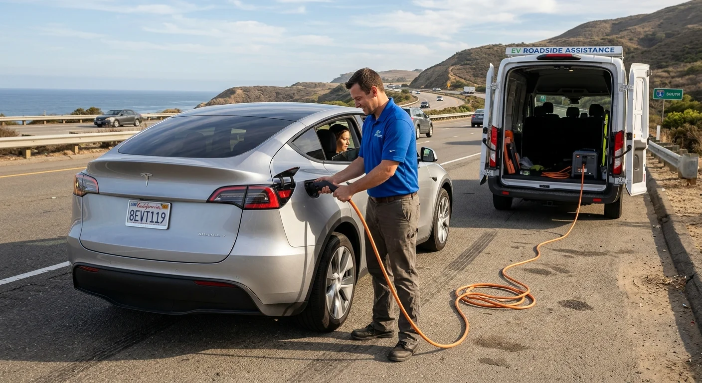 A parked Tesla driver reviews a low battery message and nearby route options