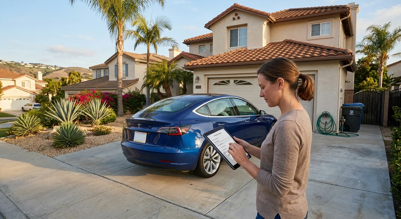 Tesla in a San Diego driveway while the owner reviews a service request