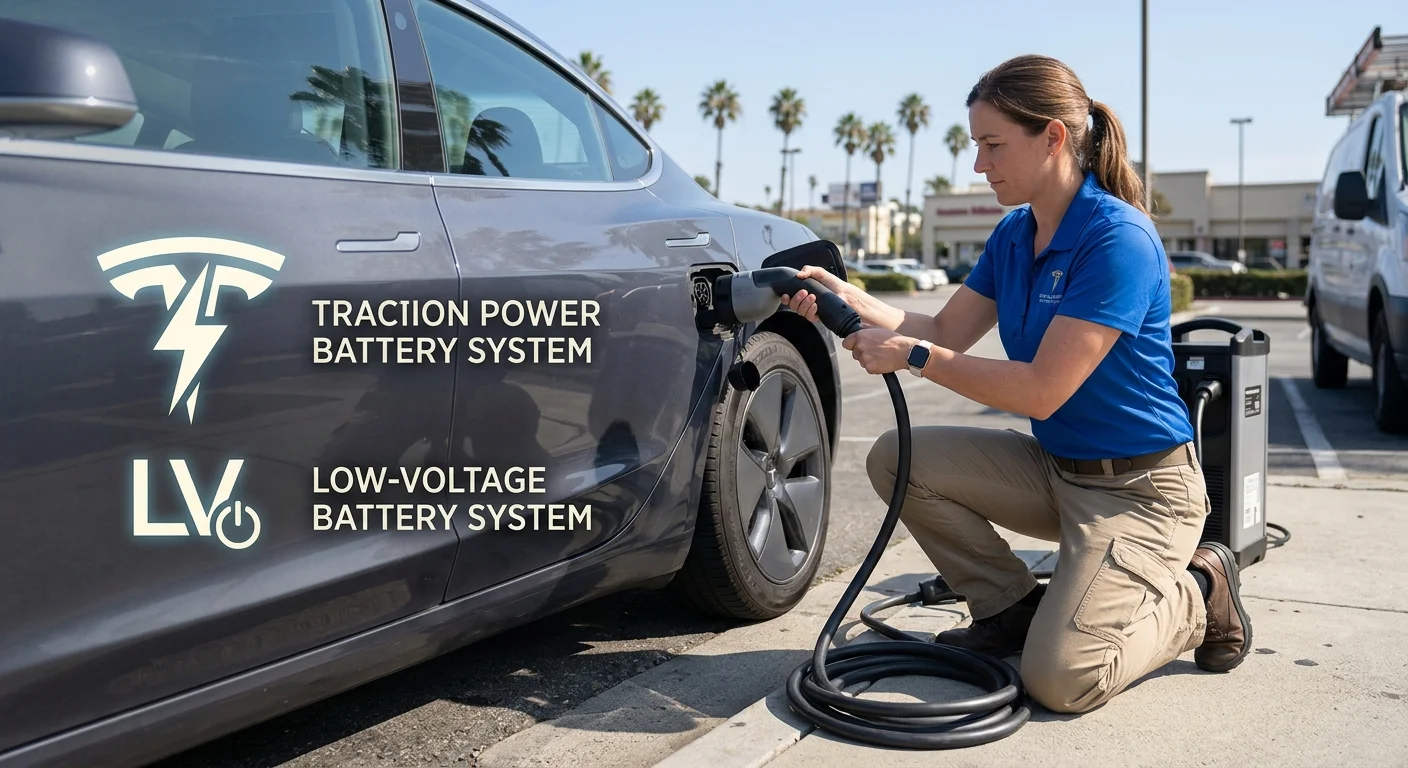 Tesla Model 3 beside symbols for traction and low-voltage battery systems