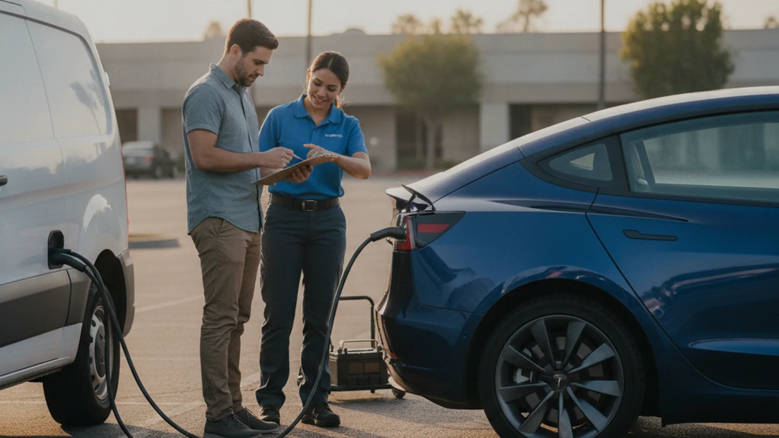 A Tesla Model 3 parked beside a simple comparison graphic of its two separate battery systems
