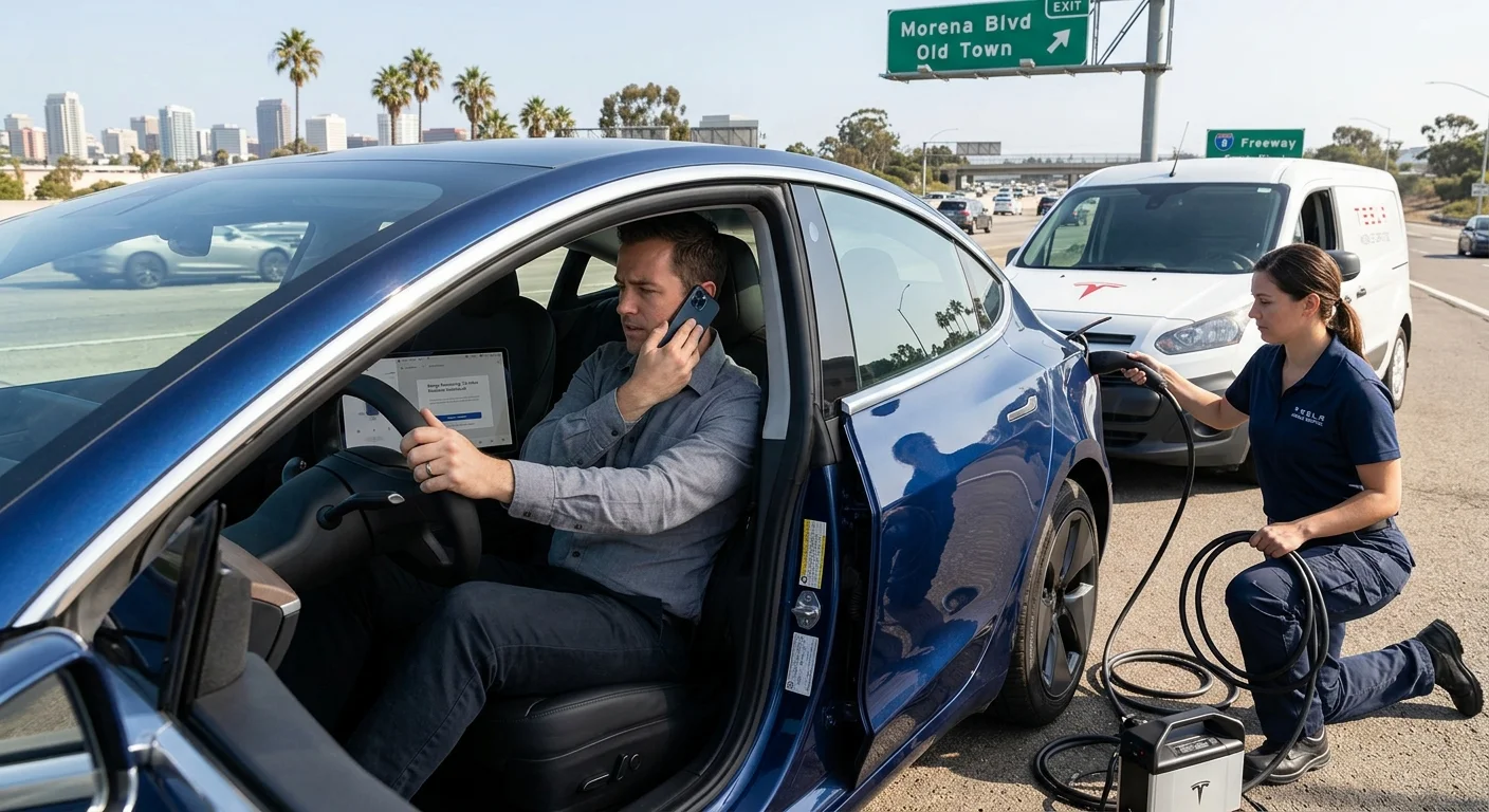 A Tesla Model 3 parked safely near a San Diego freeway exit