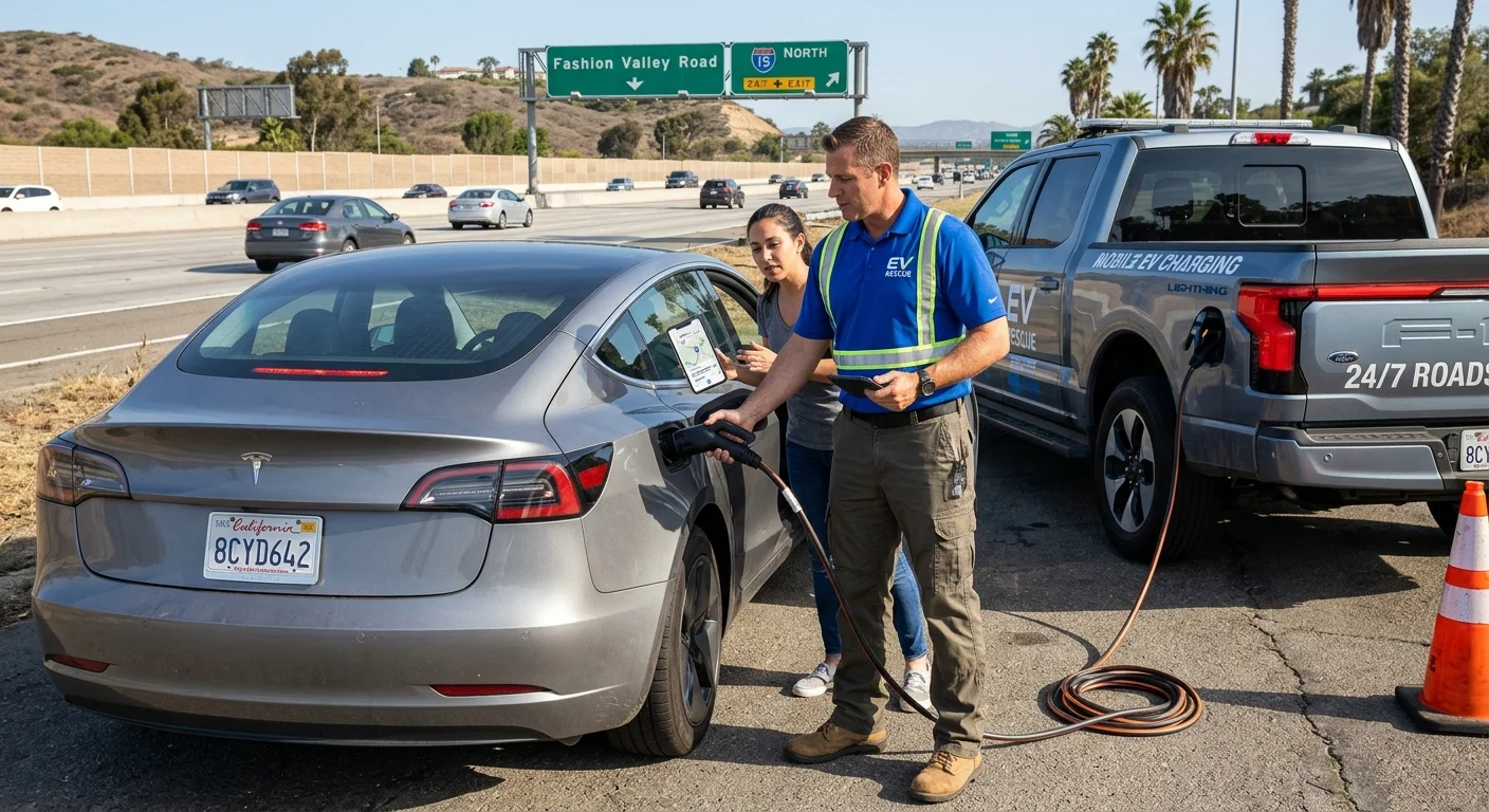A powerless Tesla Model 3 near a San Diego freeway exit