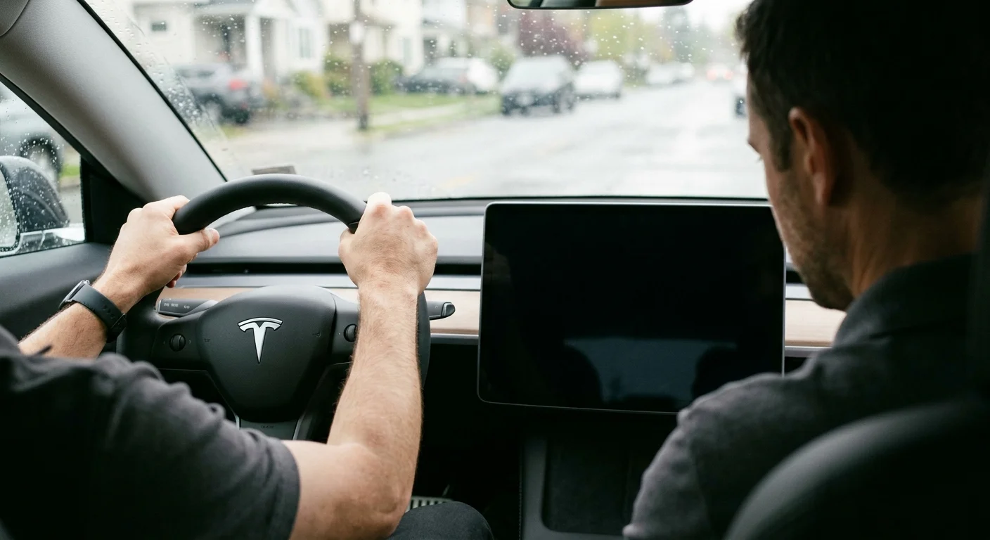 A close-up shot of the dashboard of a new Tesla Model 3 showing a blank, unresponsive screen, with a frustrated driver's hands visible on the wheel.