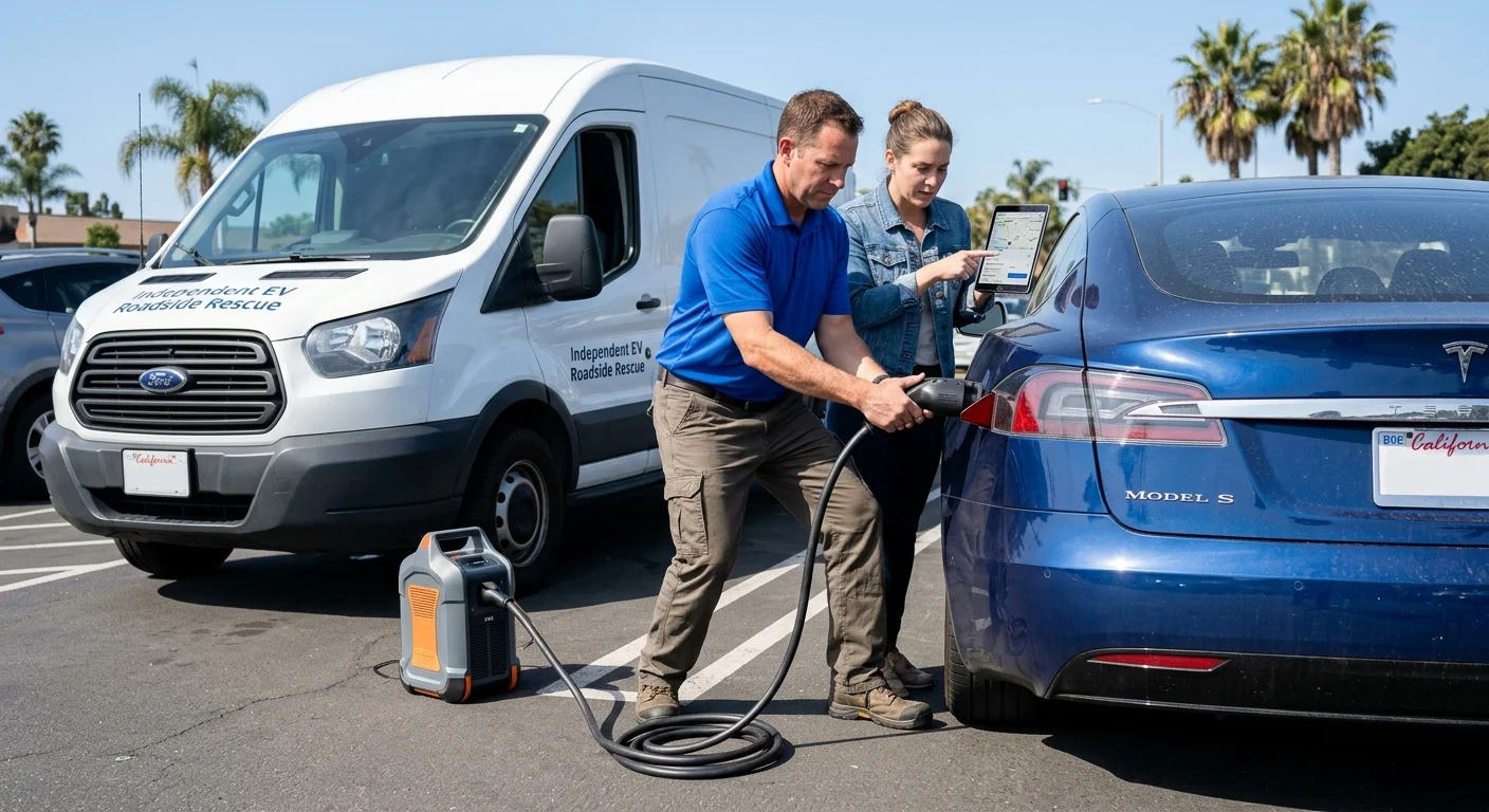 A driver discussing a powerless Tesla Model S with an operator