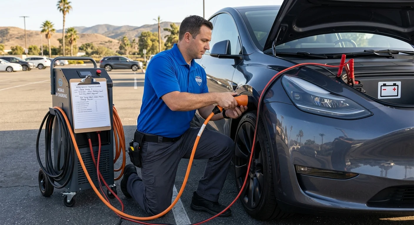 Tesla Model Y beside a written estimate checklist and low-voltage battery symbol