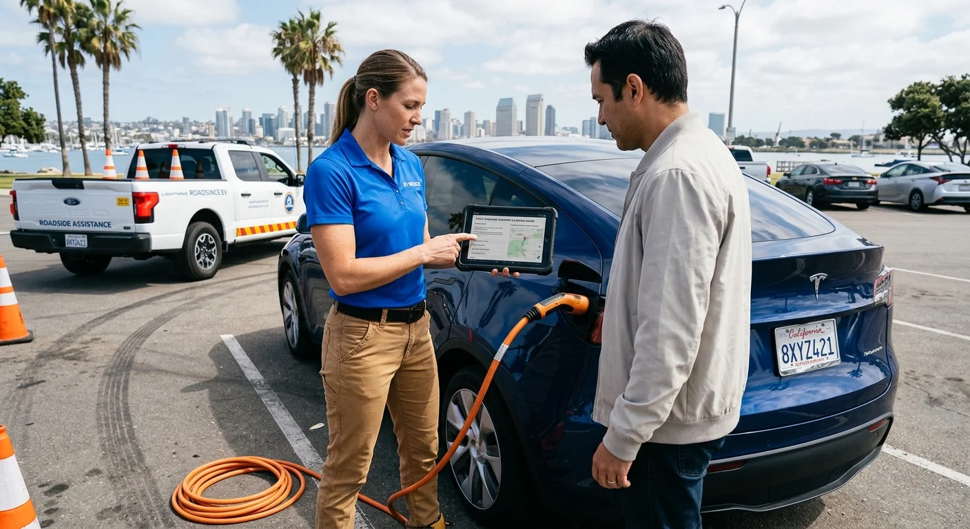 Tesla owner checking warranty and roadside eligibility on a phone in San Diego
