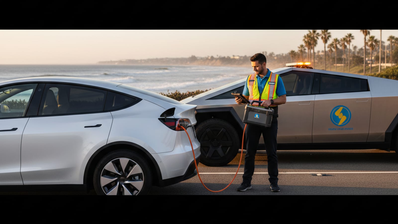 Tesla Model 3 stranded on a San Diego freeway shoulder with a Charge Pro SD Cybertruck approaching to charge it