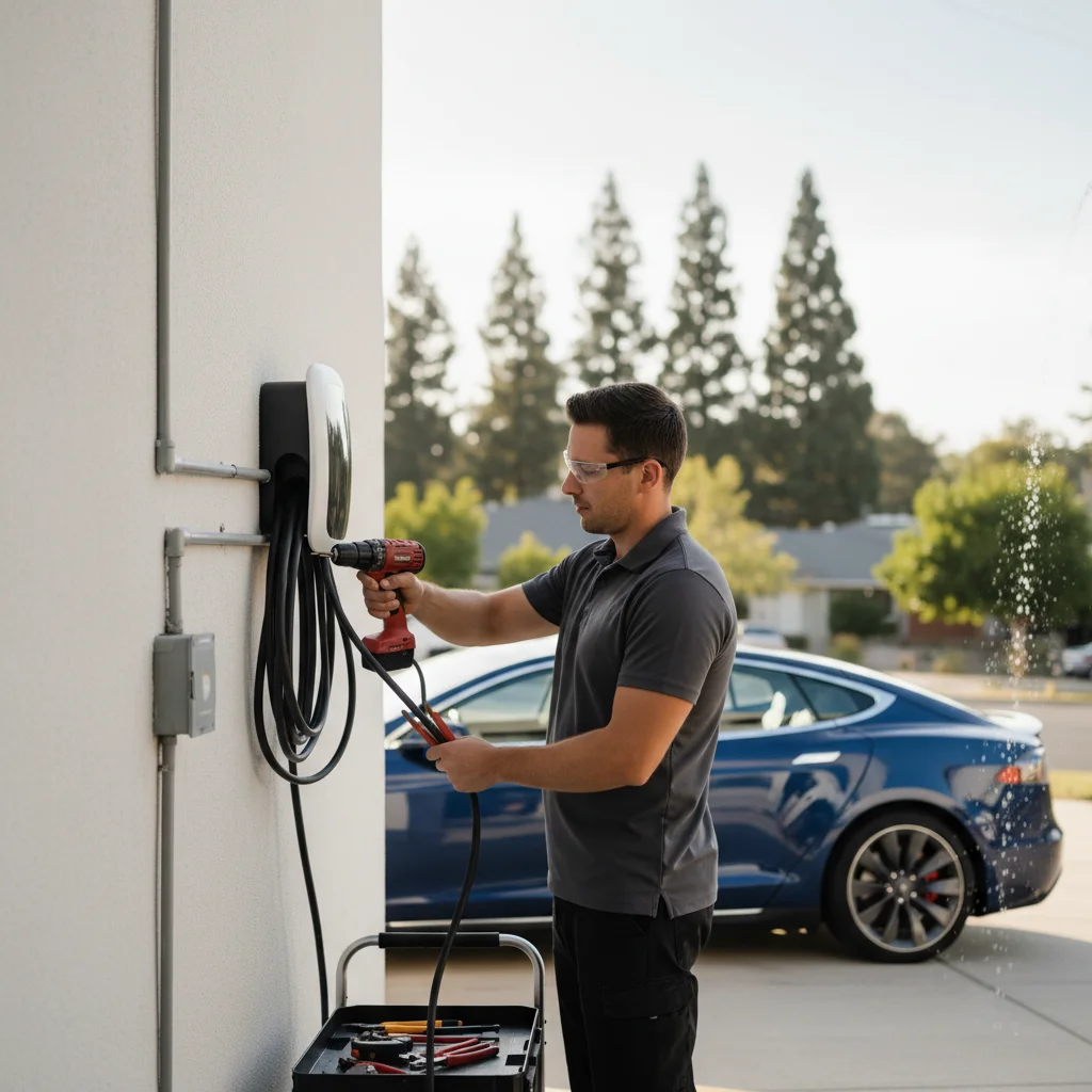 Split-scene composition showing a Charge Pro SD rescue truck charging a stranded Tesla on the left and a flatbed tow truck hauling a different Tesla on the right