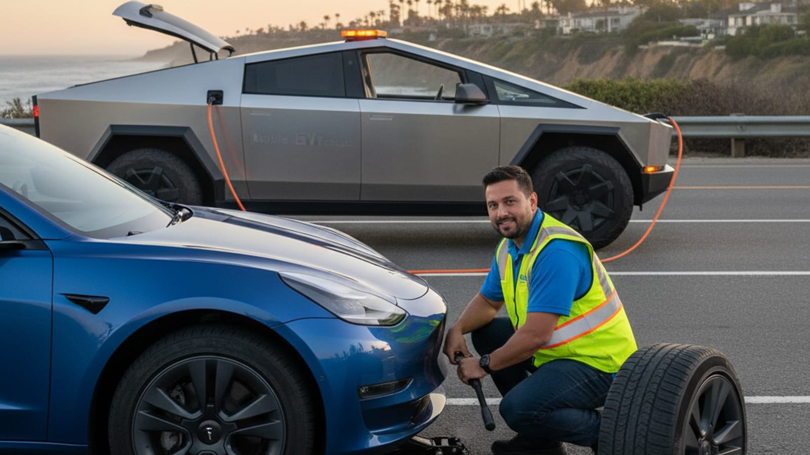A Tesla Model 3 with a flat tire on the shoulder of a San Diego freeway, with a Charge Pro SD Cybertruck approaching to assist.